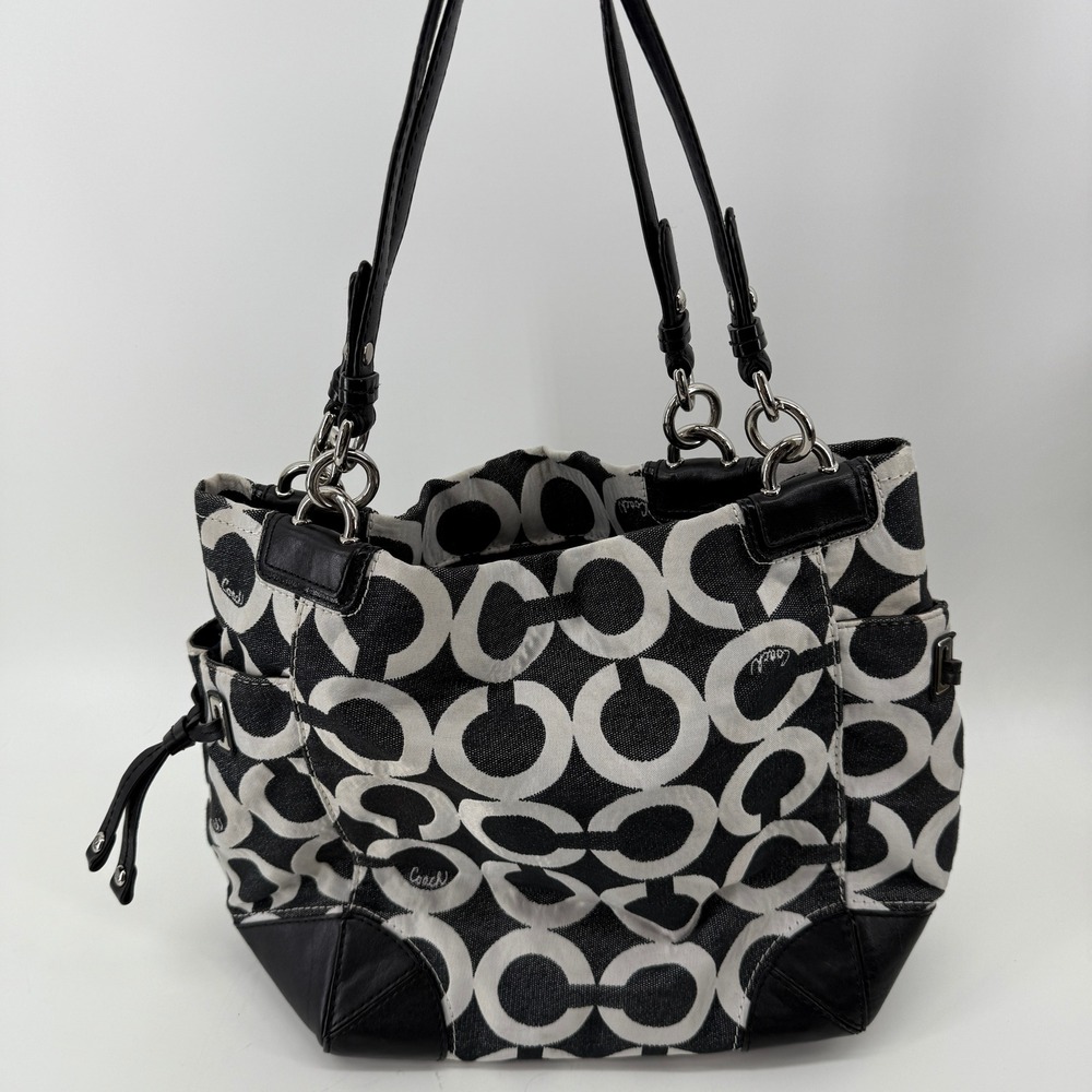 Coach 14573 Y2K Optic O Black White Canvas Tote Bag Leather Shoulder Purse - Picture 2 of 16
